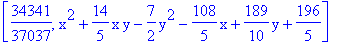 [34341/37037, x^2+14/5*x*y-7/2*y^2-108/5*x+189/10*y+196/5]